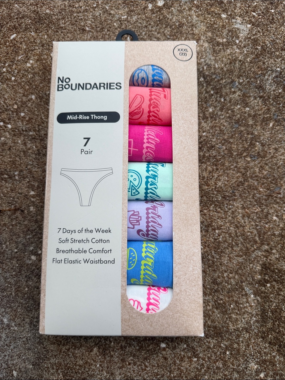 No Boundaries 7-Pack Mid-Rise Thongs — Blue, Pink, Purple, Teal, Red. NEW SZ 22